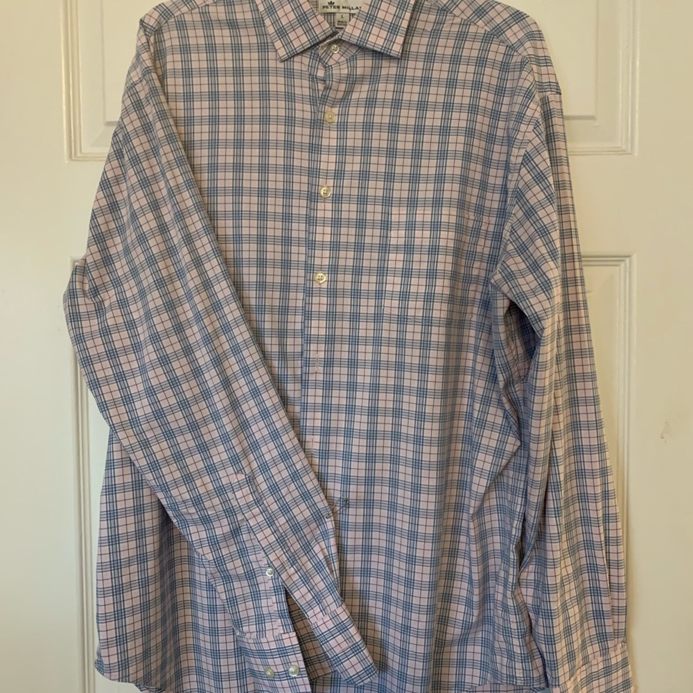 Men's Blue and Pink Plaid Shirt size L. Peter Millar